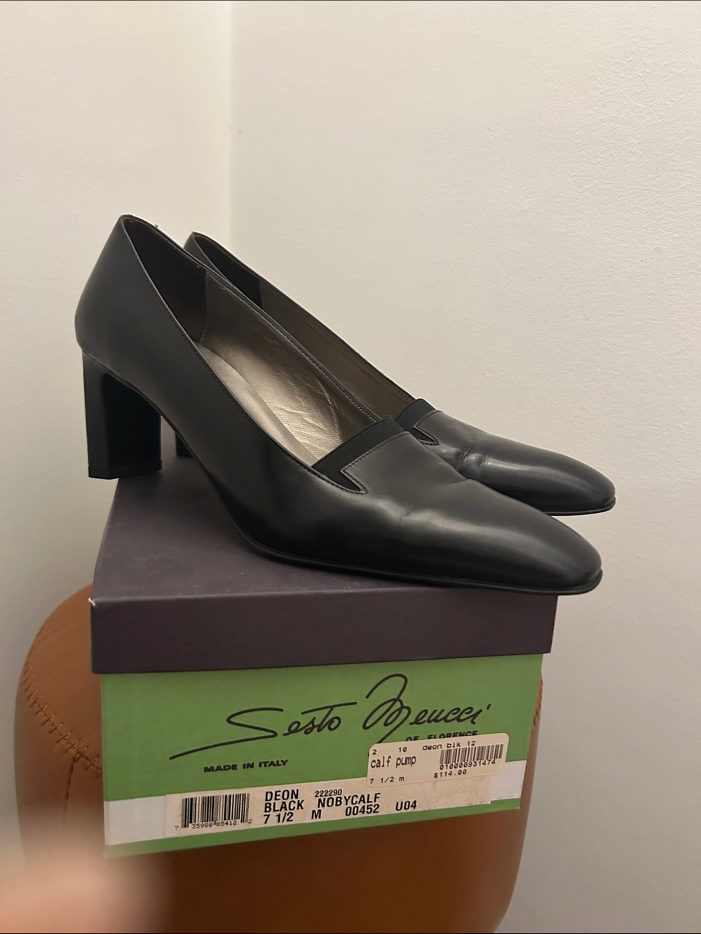 Sesto Meucci Black Leather Block Heel Pumps